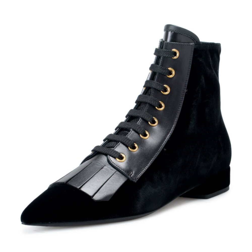 AUTHENTIC Prada Women's Black Velour Leather Flat Ankle Boots Shoes